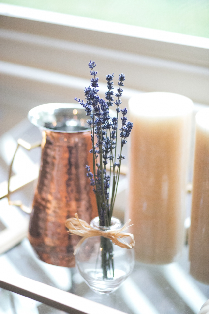 Fall Bar Cart on Patio with Hammered Copper and Lavendar on Fashionable Hostess