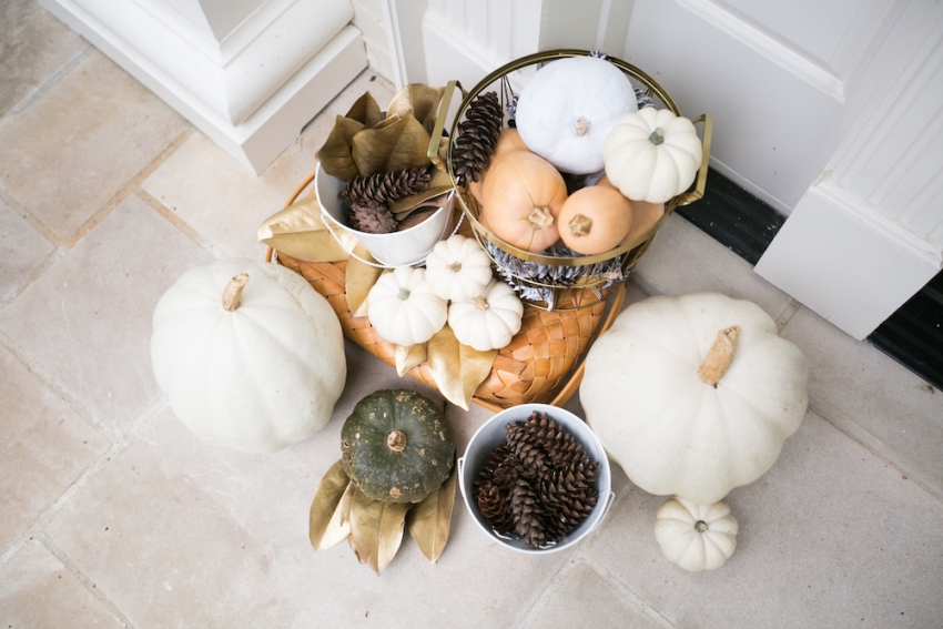 Gold Leaves, Pinecones, and Pumpkins on Entry of beautiful home on Fashionable Hostess
