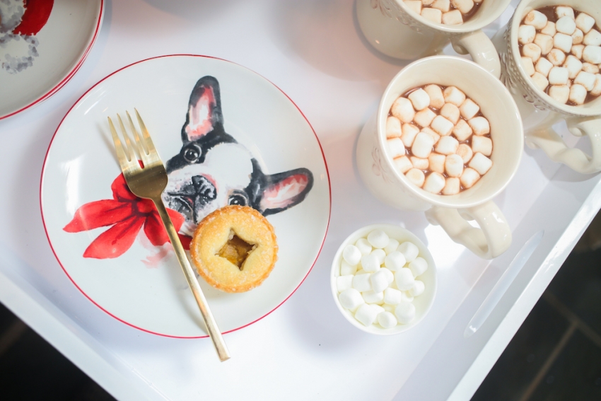 Holiday with Pier 1 Featuring these adorable Puppy Plate, Gold Fork, Mini Pumpkin Pies, and Mug filled with Hot Cocoa and Mini Marshmallows on Fashionable Hostess