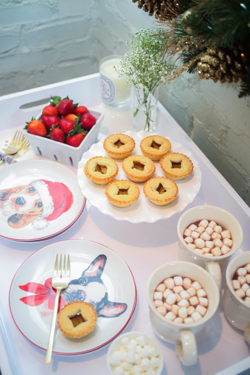 Holiday with Pier 1 featuring their Puppy Plates, Abigail Mugs, and Cake Stand on Fashionable Hostess