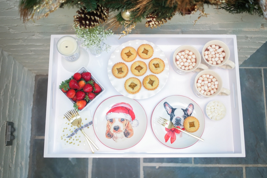 Pier 1 Wreath Overlooking a Rachel George Bar Cart, Pier 1 Puppy Plates, Pier 1 White Cake Stand, Kate Spade Napkins, and Pier 1 White Mugs on Fashionable Hostess