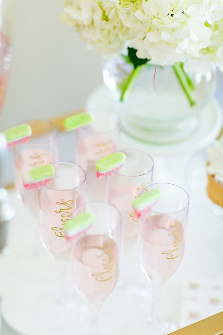 Decorative champagne glasses topped with watermelon candy for Spring on FashionableHostess.com