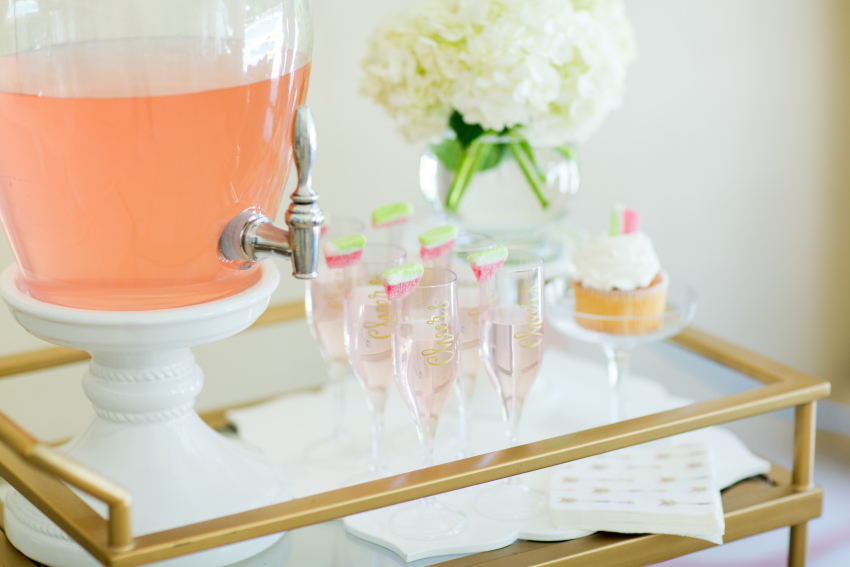Spring inspired drinks and dispenser on bar cart on FashionableHostess.com