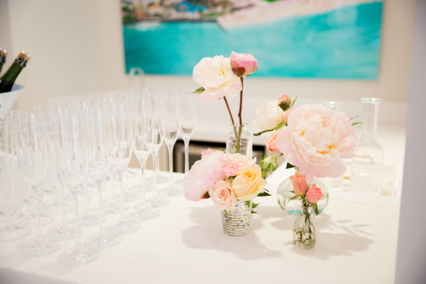 Simple Arrangements of Peonies Garden Roses and Spray Roses by Crowns by Christy via Fashionable Hostess at the Bellinis and Blooms Party in Miami