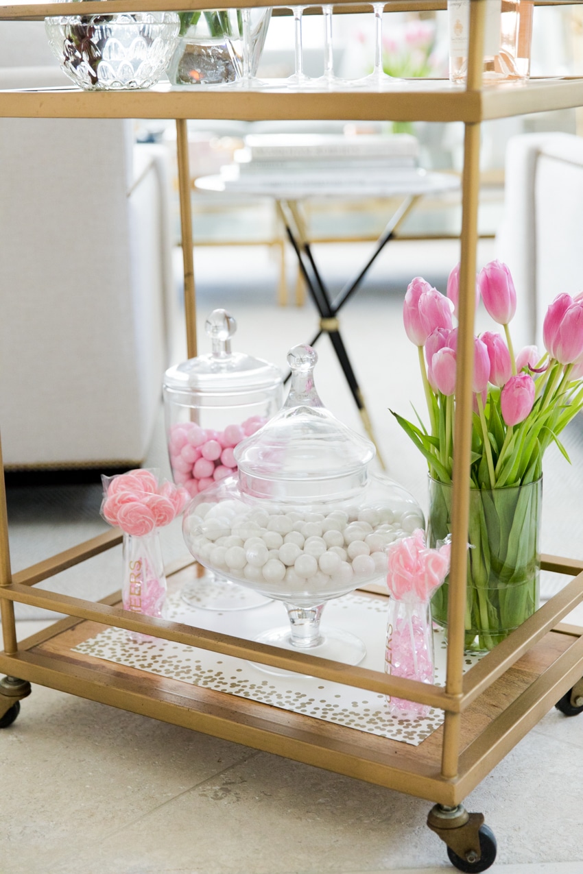 DIY Valentine's Day Bar Cart by Fashionable Hostess - Whispering Angel, julsika, Target bar cart, Party City Pink candy, Valentines day flowers