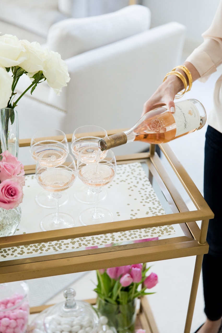Valentine's Day Bar Cart by Fashionable Hostess - Ppuring rose Whispering Angel in julsika wine glasses