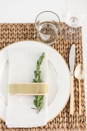 DIY Place card settings for the Holidays using Rosemary and gold ribbon
