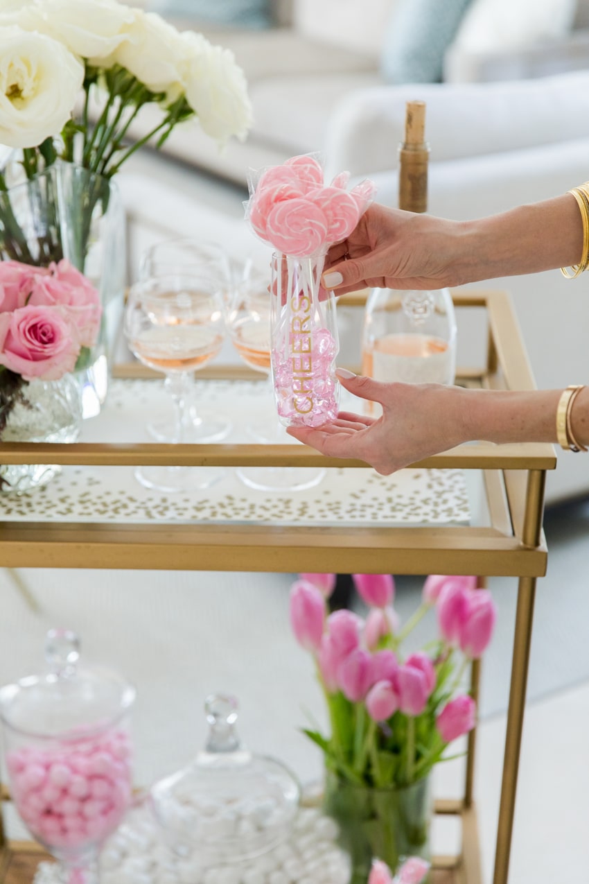 How to decorate for Valentine's Day by Fashionable Hostess -Whispering Angel, julsika, Target bar cart, Party City Pink candy, Valentines day flowers