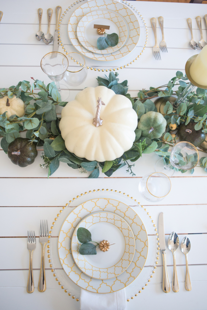 Fall White Pumpkin & Eucalyptus Tablesetting - Fashionable Hostess